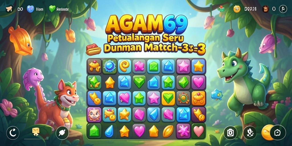Screenshot utama AGAM69 menampilkan gameplay Match-3 yang penuh warna.