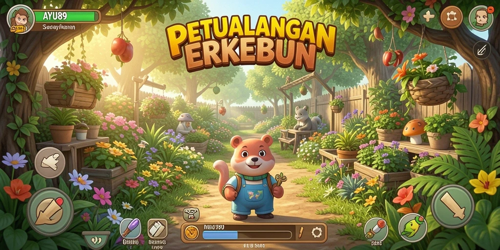 Screenshot gameplay AYU89 menampilkan lahan pertanian yang subur dan berbagai tanaman.