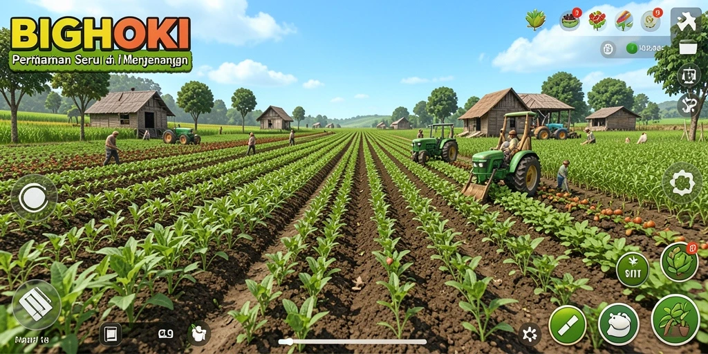 Tampilan gambar utama BIGHOKI dengan gameplay pertanian yang menarik.