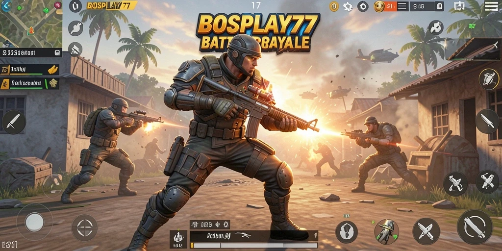 Screenshot menampilkan aksi seru gameplay Battle Royale di BOSPLAY77.